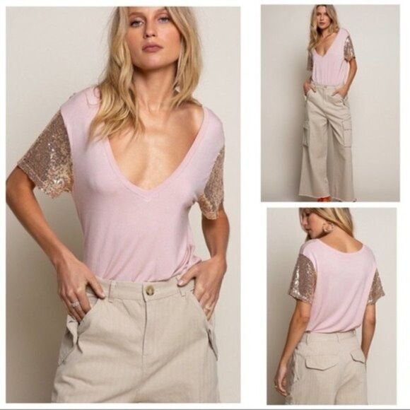 KNIT Top with Short Sleeves & Sequins in Rose Dawn - Picture 1 of 13